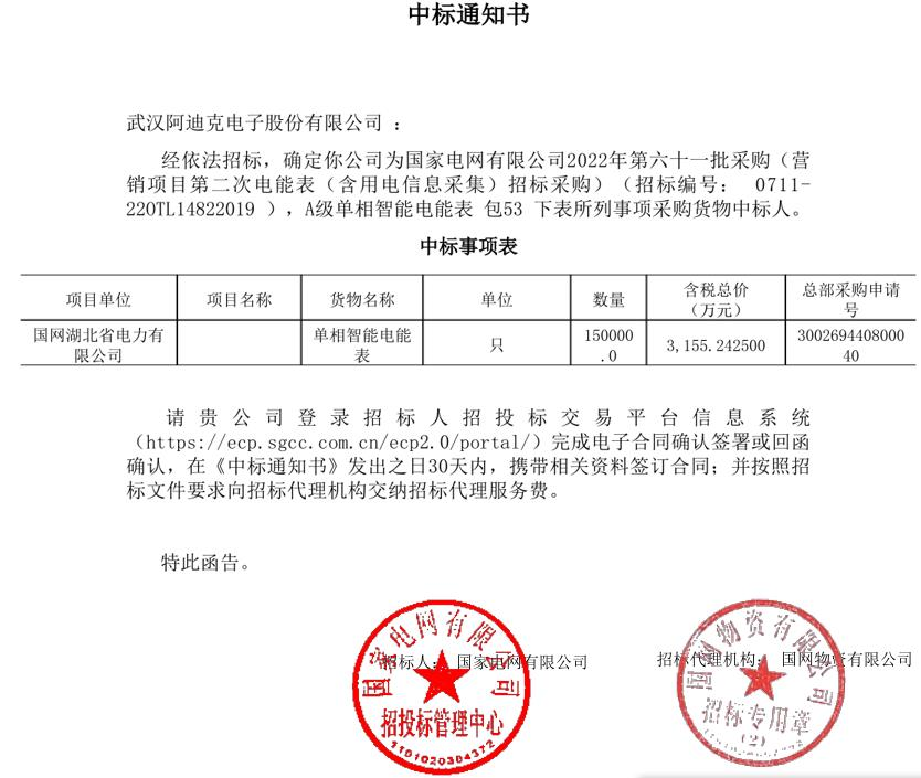 熱烈祝賀公司在國家電網2022年第六十一批電能表招標項目中中標